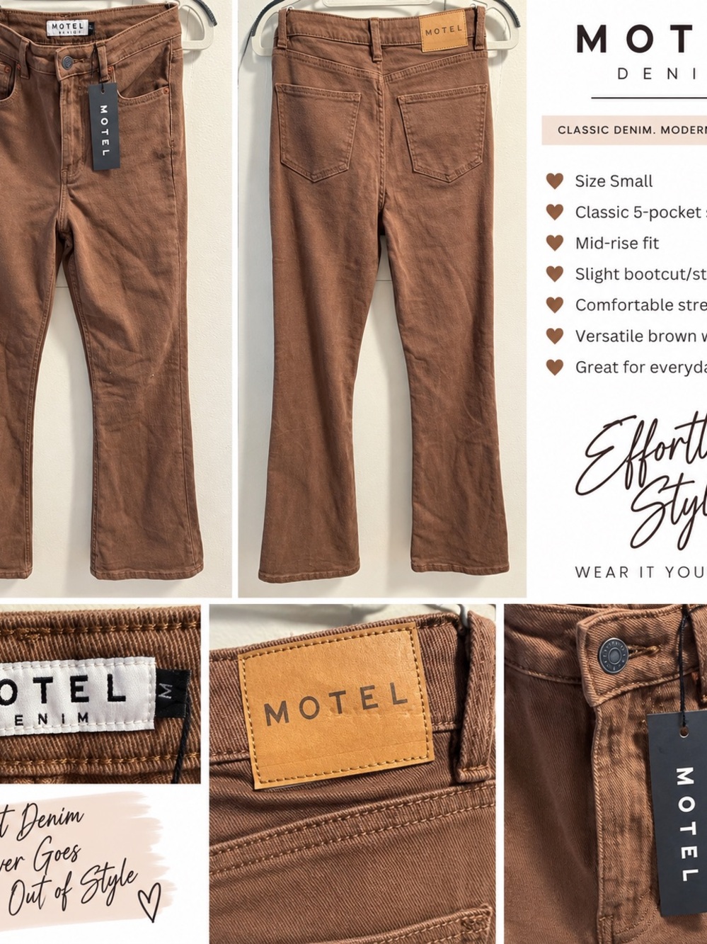 Motel Denim Brown Mid Rise Bootcut Jeans Women’s Size Small NWT